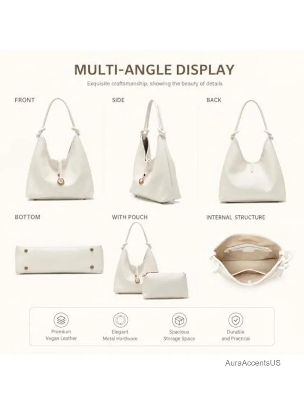 2 in 1 Hobo Bag Set with Detachable Pouch, Soft Slouchy Vegan Leather Shoulder